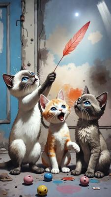 The primary subject of the image is a group of three cats, each with distinct colors and expressions. The cats are standing next to each other, with one of them holding a red feather in its mouth. The setting appears to be a room with a door visible in the background. The visual style of the image is a painting, which adds a unique and artistic touch to the scene. The colors and mood of the painting are vibrant and lively, with the red feather and the cats' expressions contributing